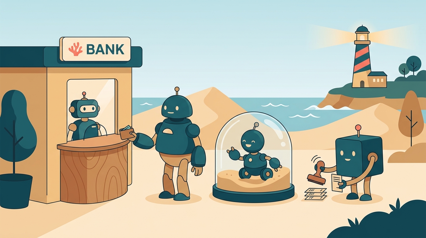 Three robot assistants queuing at a tiny bank counter, one holding a wallet